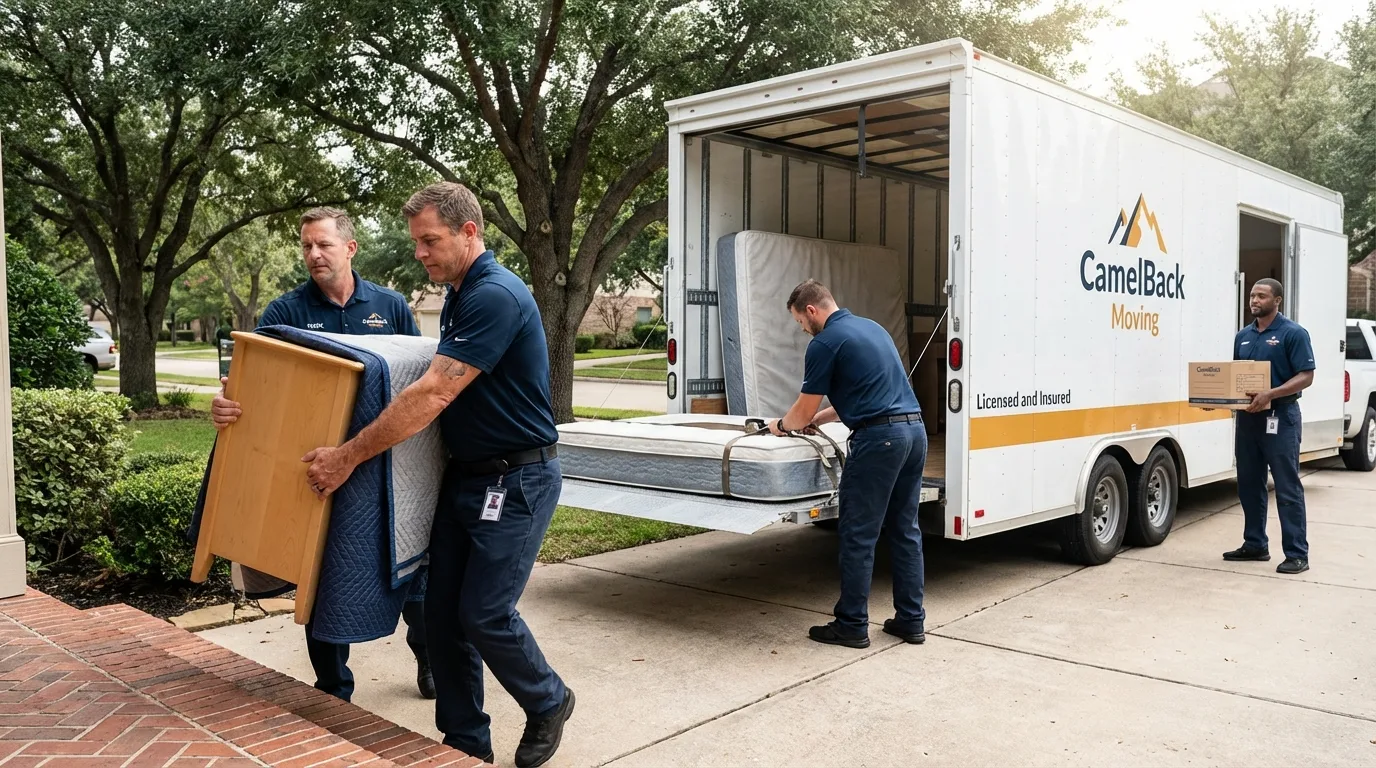 Crew loading residential truck for cross-state move from Dimmitt, TX