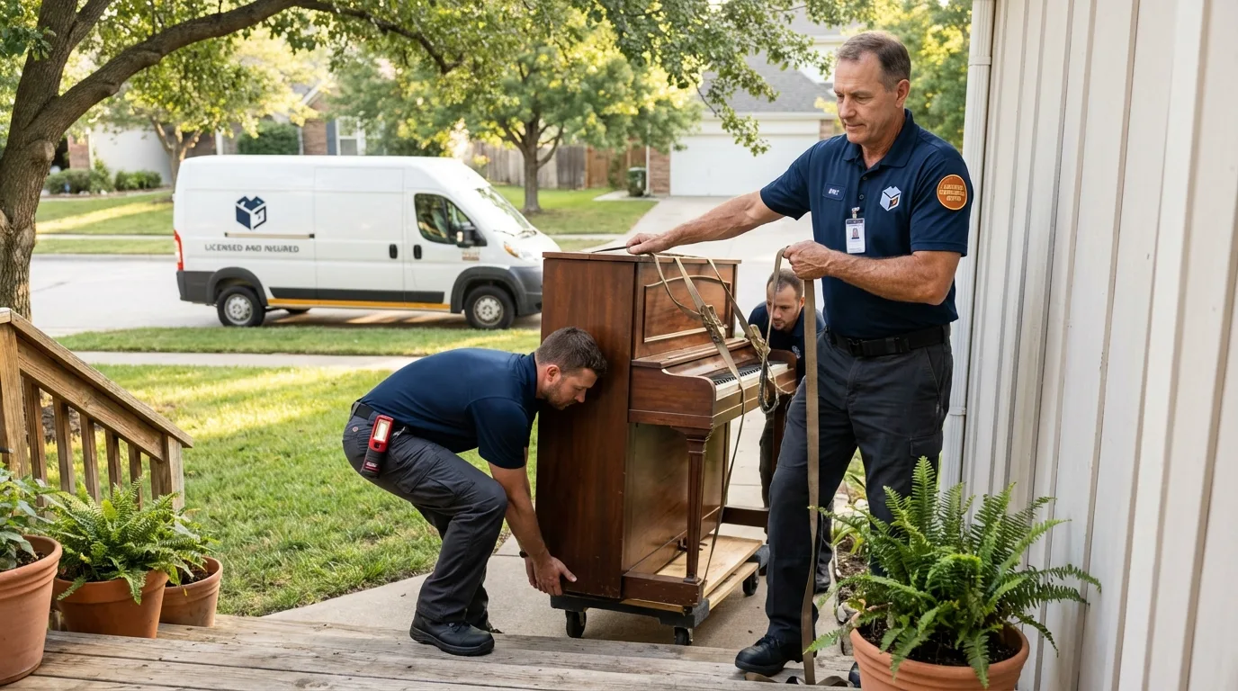 Licensed piano movers securing grand piano in Dimmitt, TX