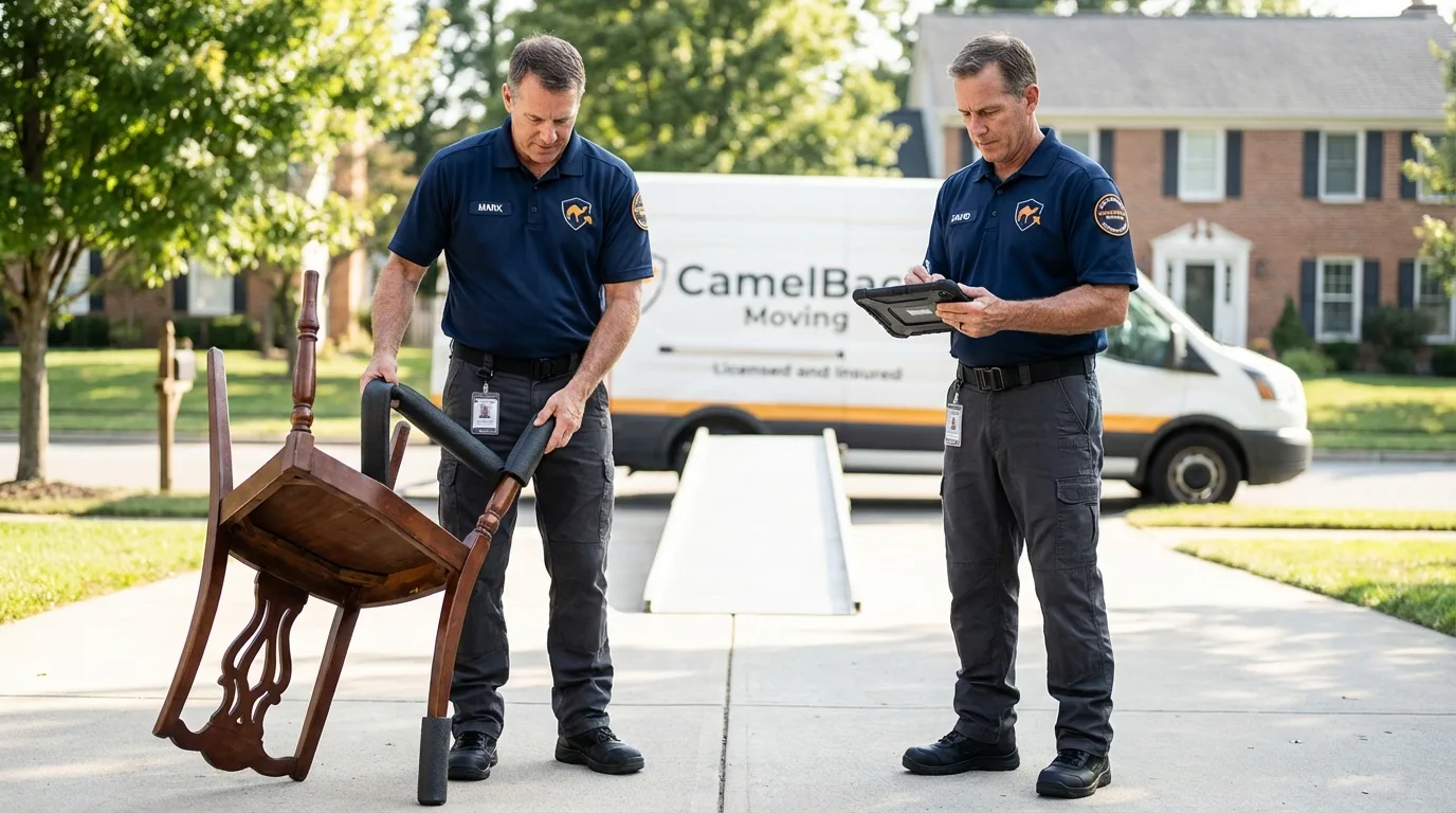 Movers inspecting furniture for damage prevention before loading in Dimmitt, TX