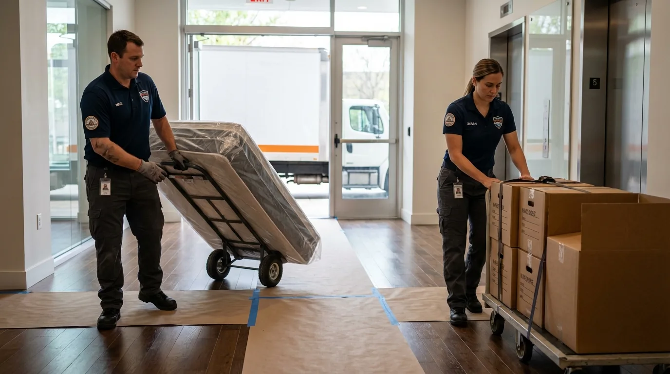 Professional apartment movers loading elevator in Dimmitt, TX